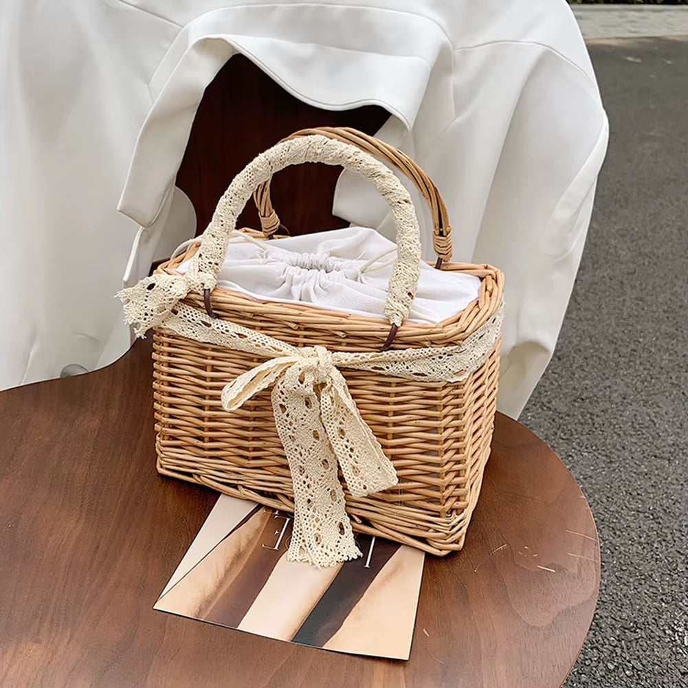 2023 Women Straw Bags and Handbags Summer Rattan Handmade Tote Bags Ladies Ribbonssummer Beach Basket Bag Pearl Beads Travel Bag