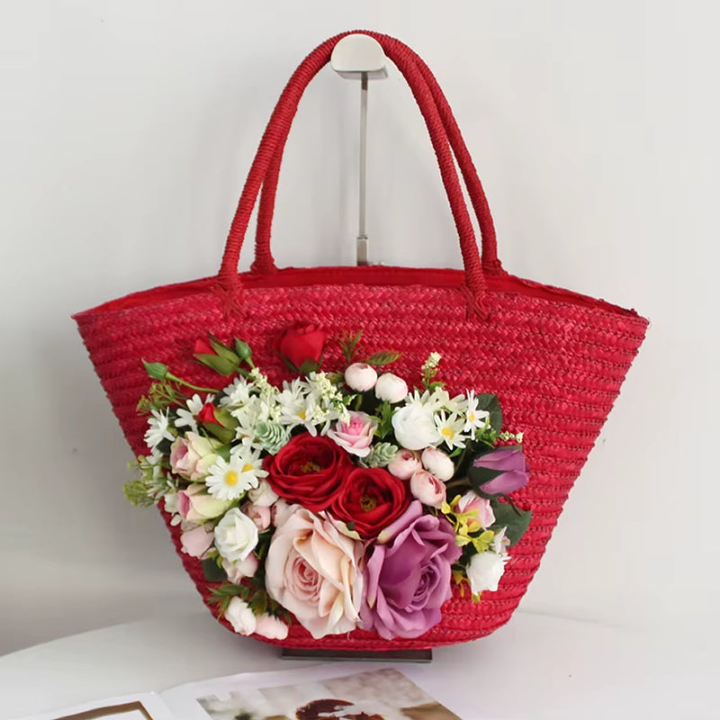Red Rattan Flower Beach Bag Women Fashion Straw Summer Tote Multicolor Artificial Rose Lily Attached Handbag Hat Suit Vacation
