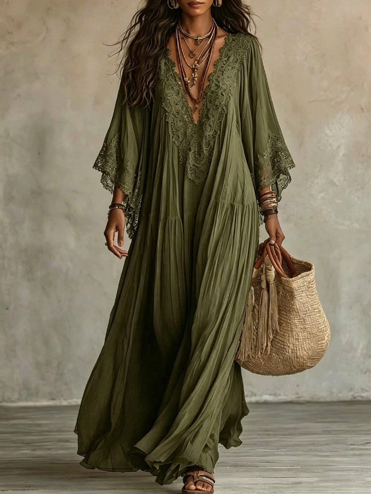 Suhkasana - Women's Boho Lace Chiffon Long Sleeve Maxi Dress: White / 100%Polyester / S