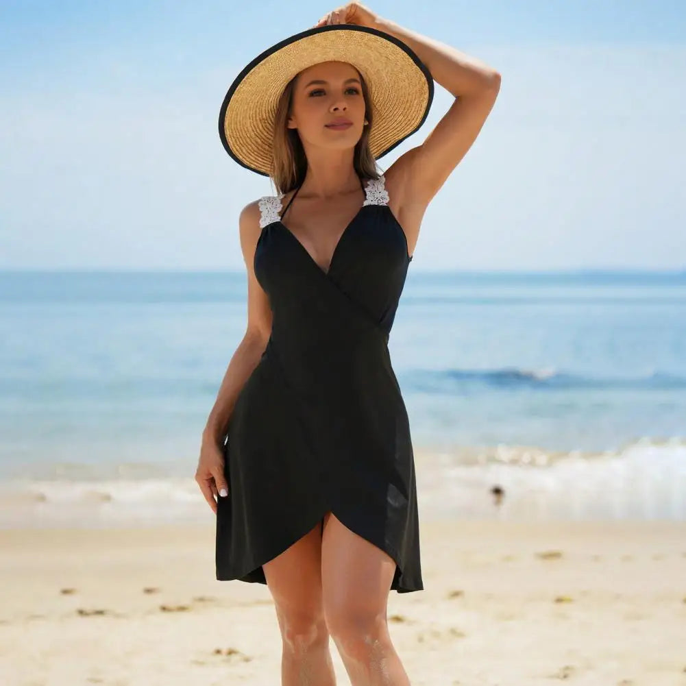 3Pcs/Set Women Swimsuit Halter Lace-up Bra Swimming Briefs Set with Cover Up Dress Beachwear Swimwear Bahting Suit Swimwear