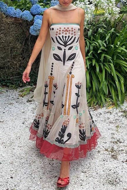 Rosa Clothing - Strappy Tulle midi dress with multicolor flowers print: Beige-R / M