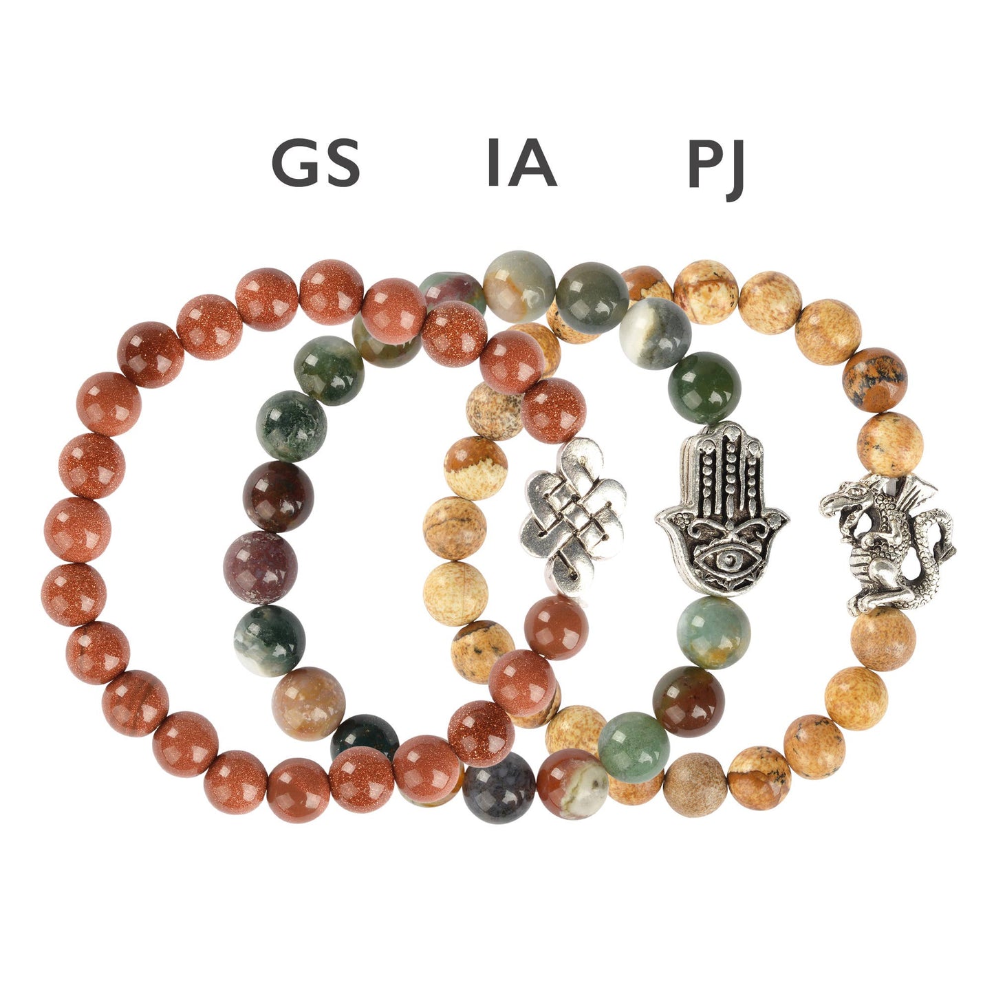 Benjamin International - SILVER 8MM INLINE CHARM ENERGY BEAD BRACELETS: TIGER EYE / ELEPHANT