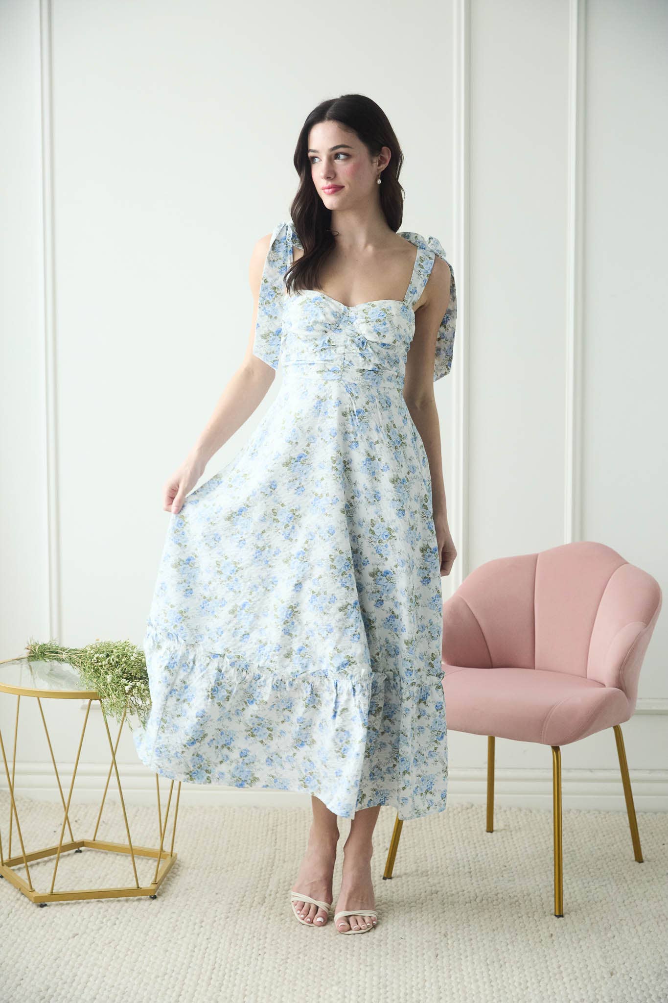 Blu Pepper - FLORAL TIE STRAP RUCHED DETAIL MAXI DRESS: PINK MULTI