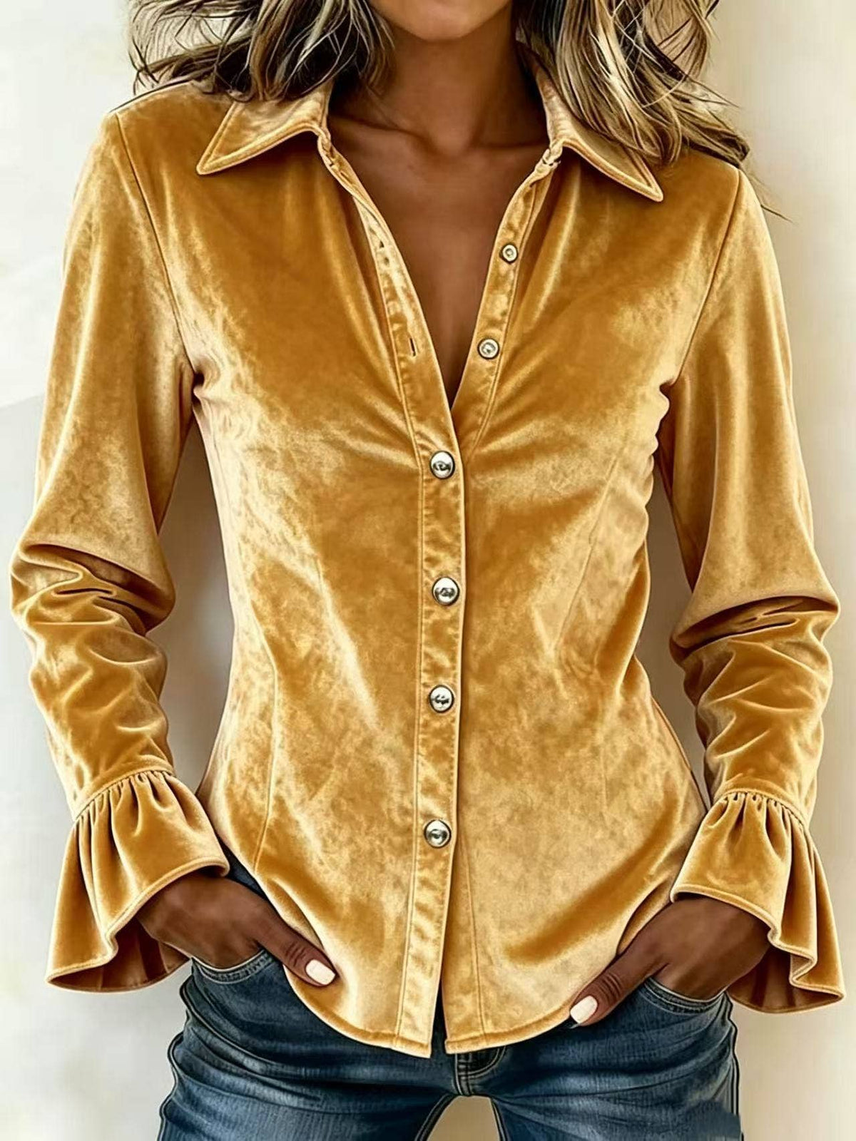 Suhkasana - Womens Velvet Flare Sleeve Button Down Collared Blouse: Pink / 100%Polyester / S