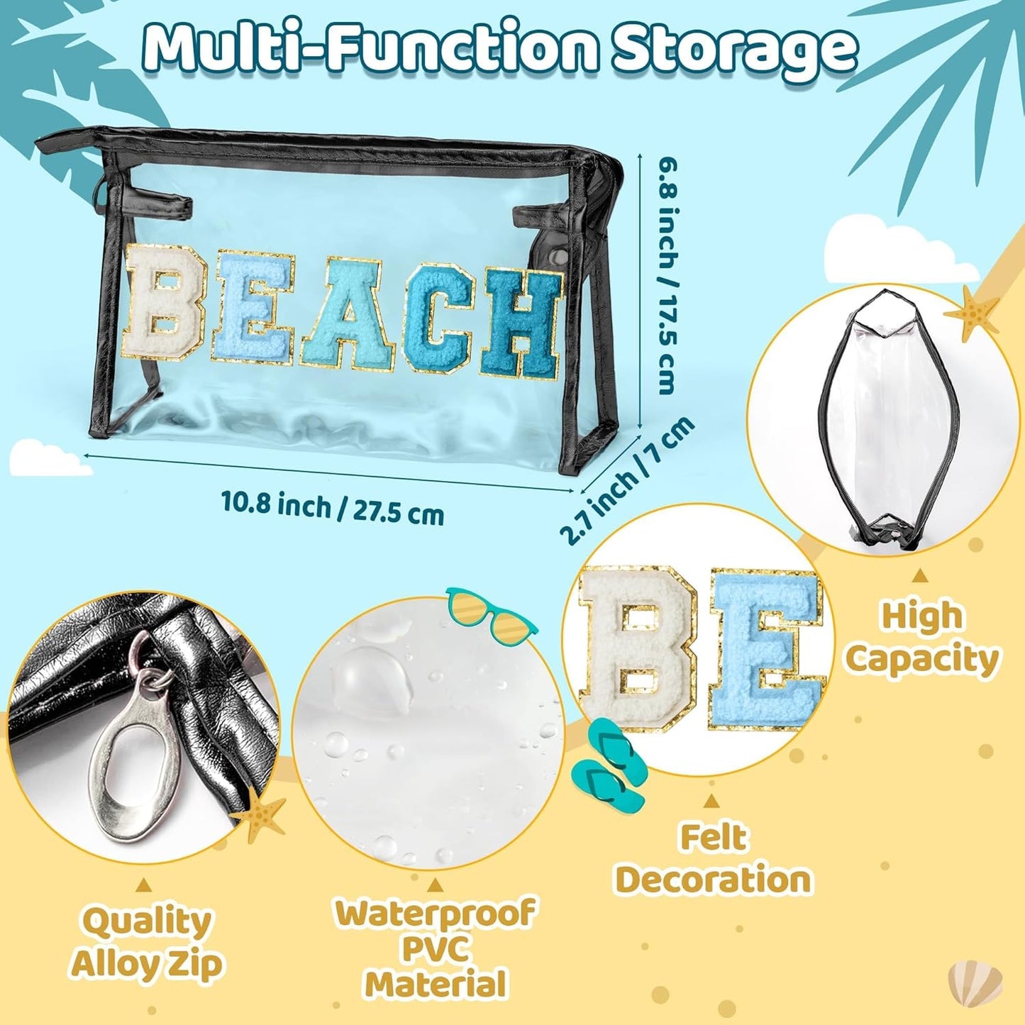 Preppy Patch Cosmetic Bag - Summer Beach Chenille Varsity Letter Clear Toiletry Bag, Aesthetic Waterproof Portable Clutch Pouch for Women and Girls (Gradient Blue)