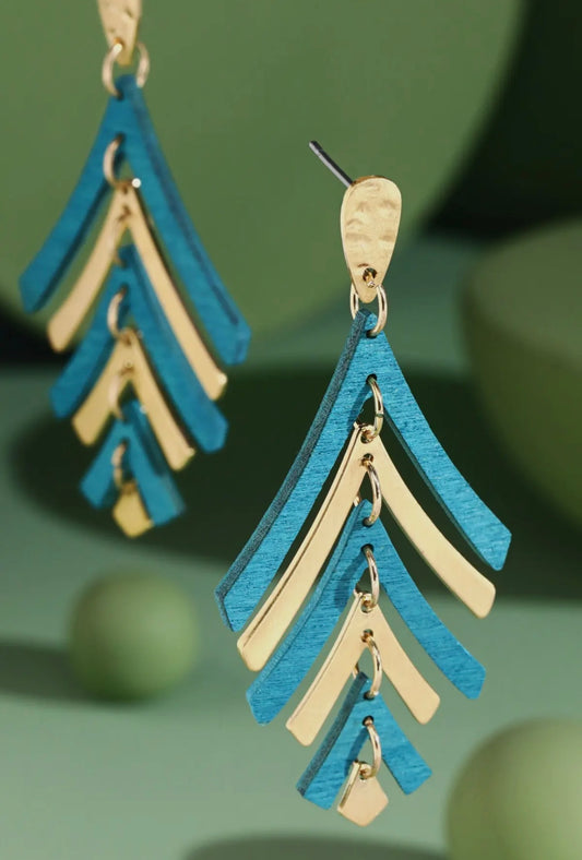 Turquoise Layered Wooden Leaf Dangle Earrings