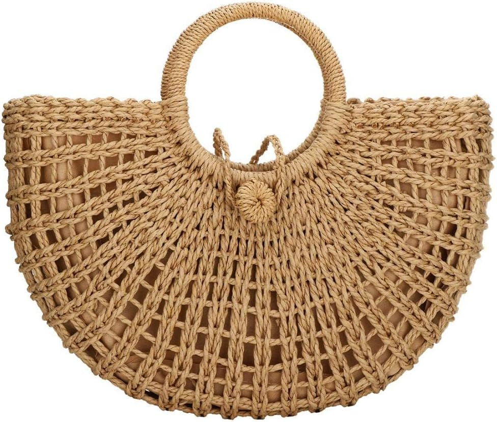 Straw Bags for Women,Hand-Woven Straw Top-Handle Bag with round Ring Handle Summer Beach Rattan Tote Handbag