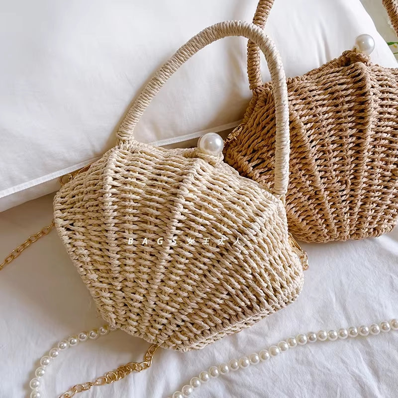 Shell Rattan Straw Woven Diagonal Cross Small Bag, Cute Fairy Change, Mobile Phone, Fashionable Woven Beach Bag