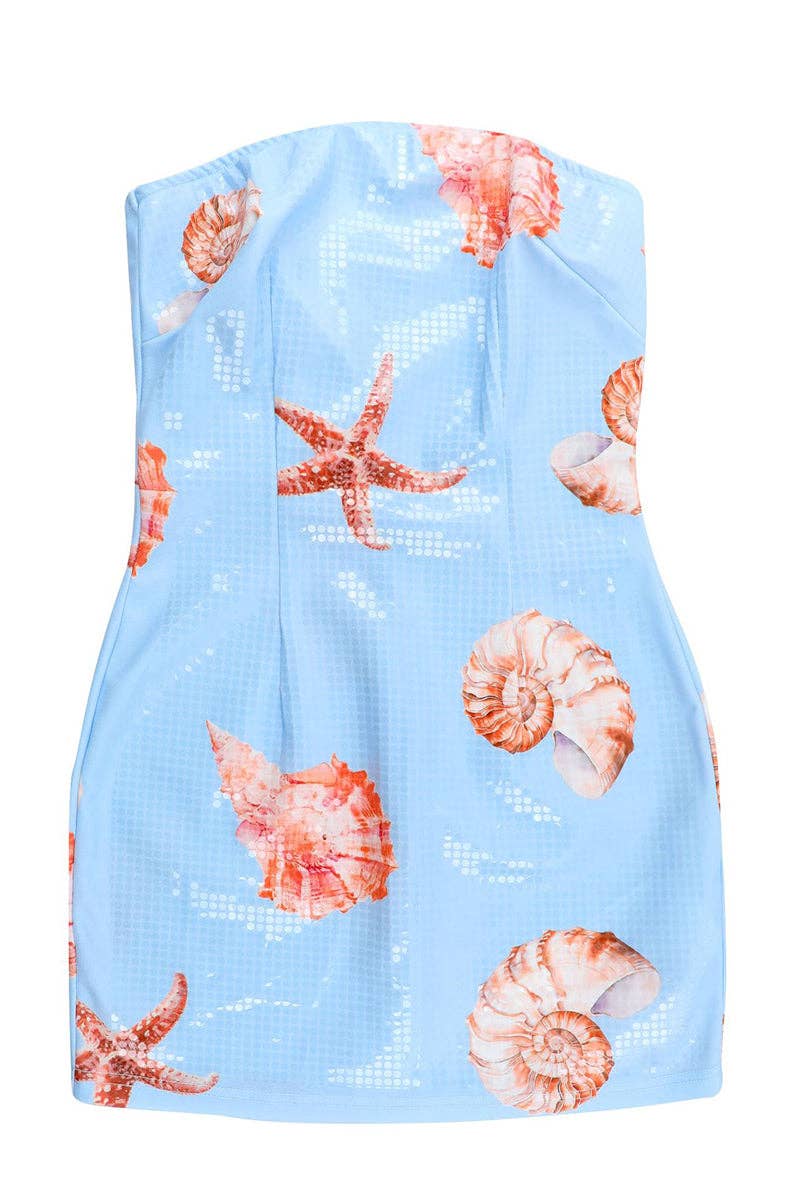 Mccolin - Strapless Starfish Print Dress: LIGHT BLUE / S