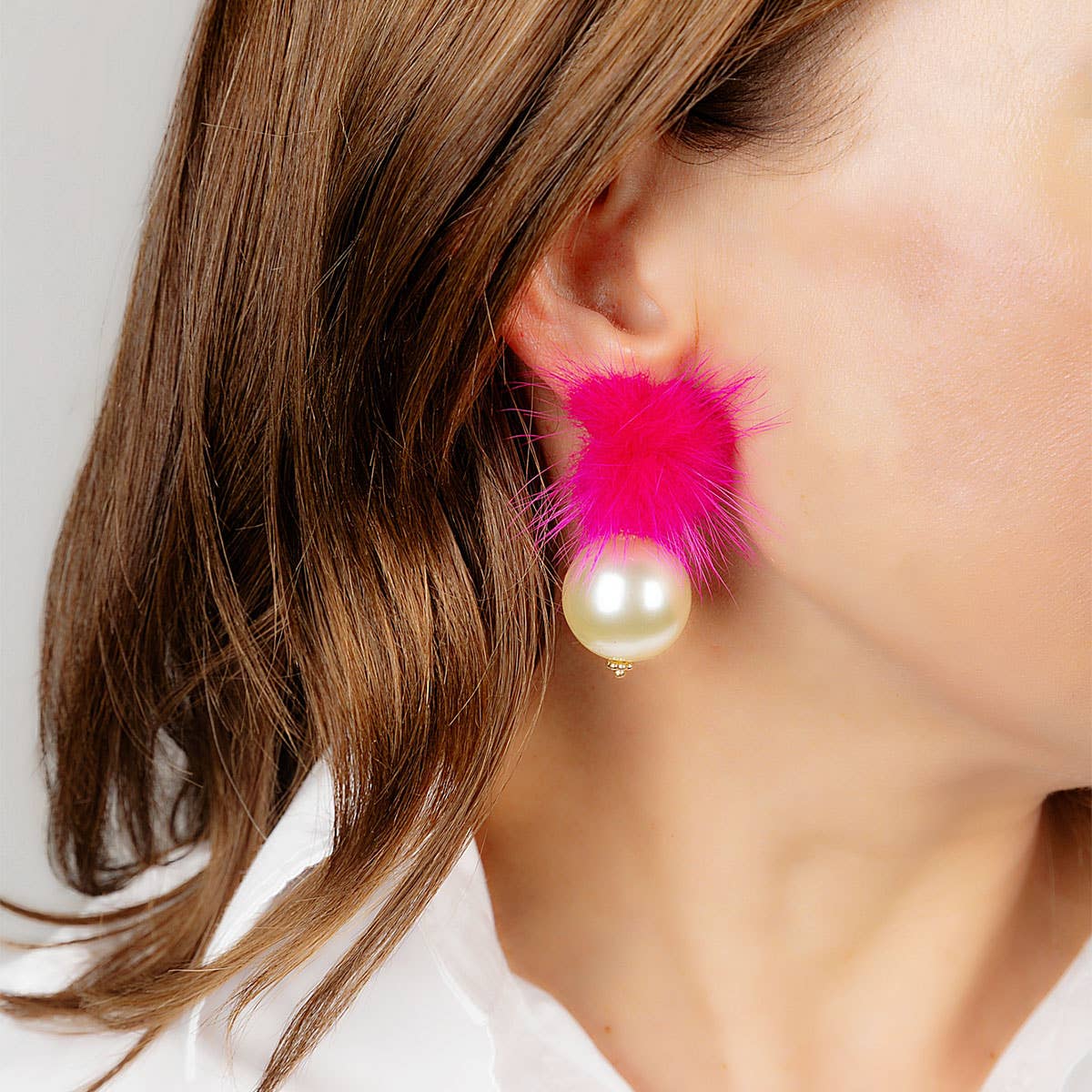Canvas Style - Aster Faux Mink Pompon & Pearl Earrings: Fuchsia
