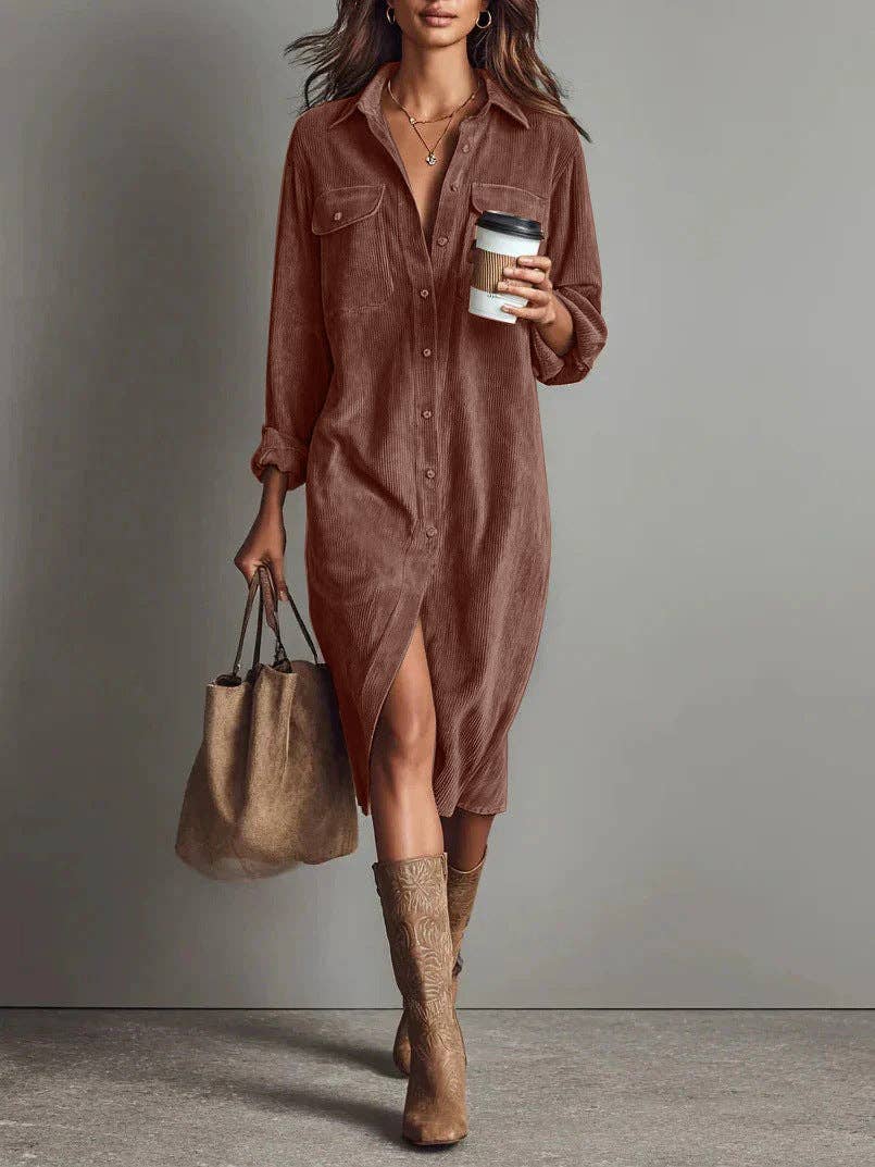 Suhkasana - Corduroy Shirt Dress Long Sleeve Button Down Midi: Dark Brown / 100%Polyester / S