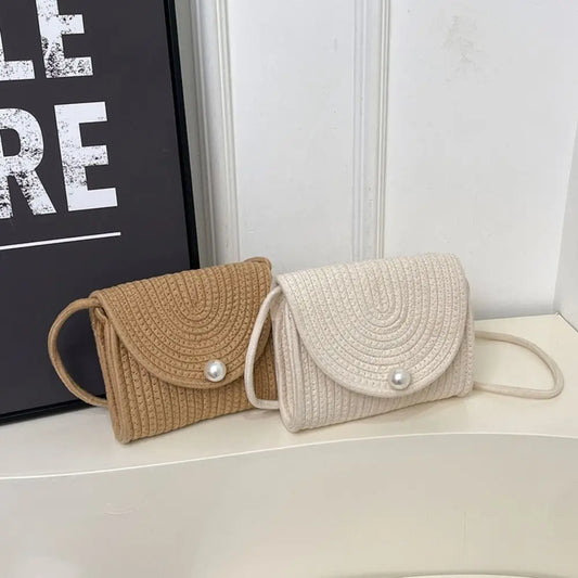 Simple Hollow Weave Straw Bag Beach Handbag Bohemian Style Beach Bag Cotton Rope Large Capacity Raffia Shoulder Bag Travel