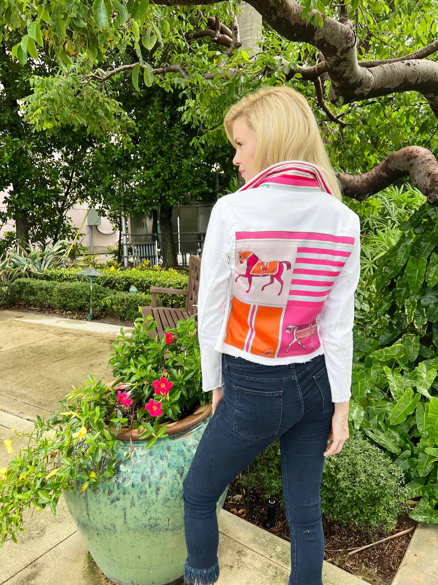 Stacy Bradley Design - The White Denim Jacket / Pink Horse: Medium