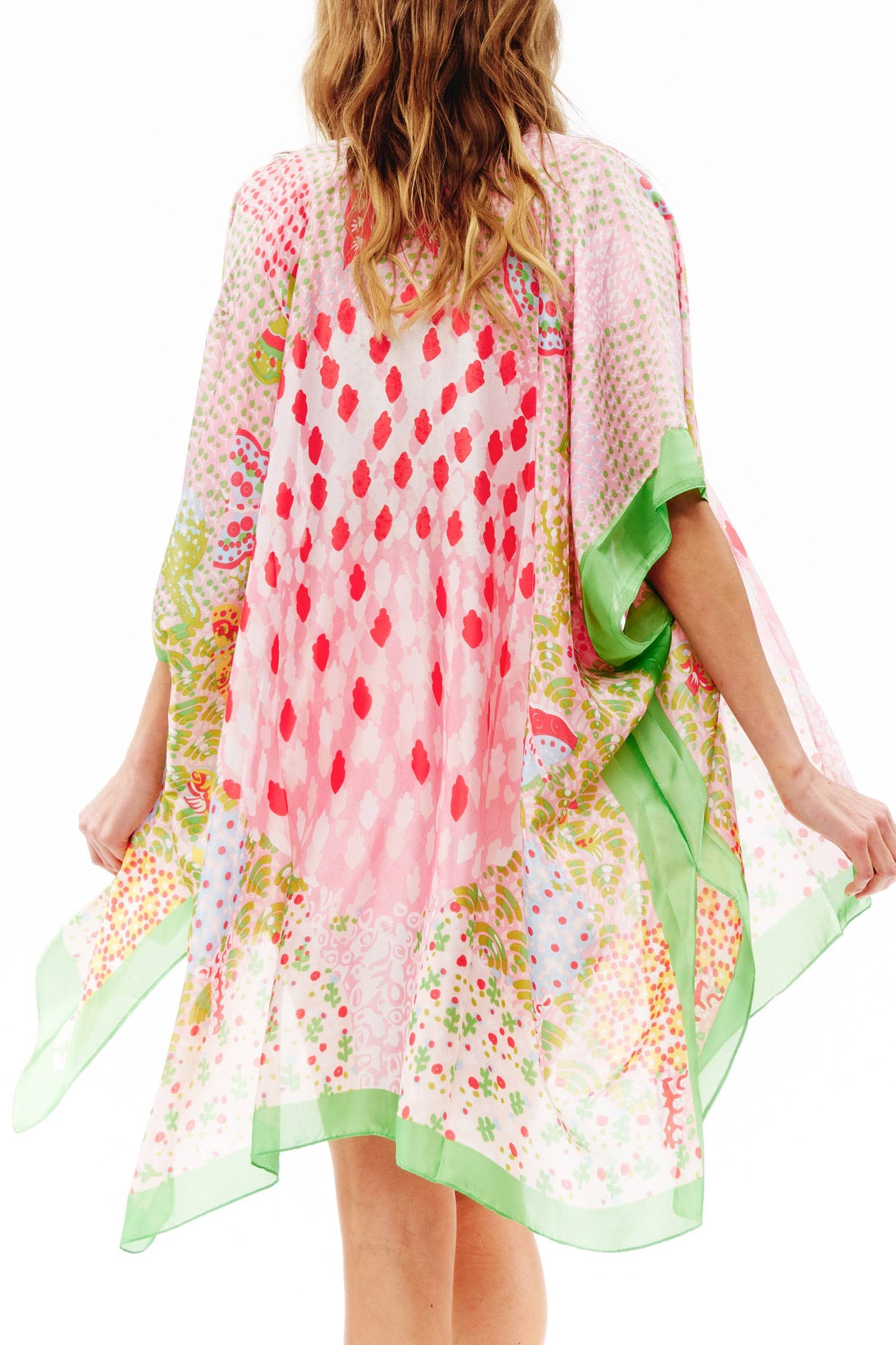 SP Sophia Collection - Abstract Multi Print Translucent Cover-Up Kimono: Pink Cream