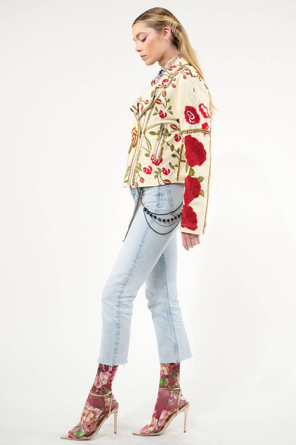 Aratta - Carmen Embroidered Denim Motorcycle Jacket: Ivory / M
