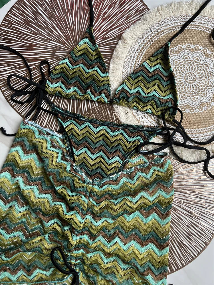 Women Swimsuit Colored Maple Leaves Knitted Bikini Skirt Three-Piece Set Split Swimsuit Bikini