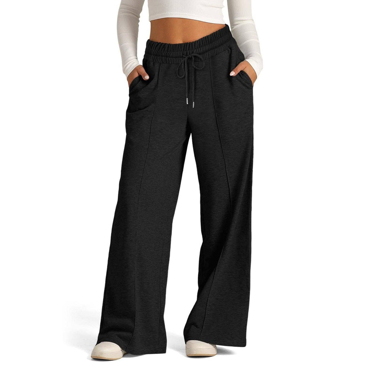 Suhkasana - Women's High Waisted Wide Leg Drawstring Casual Pants: Black / S