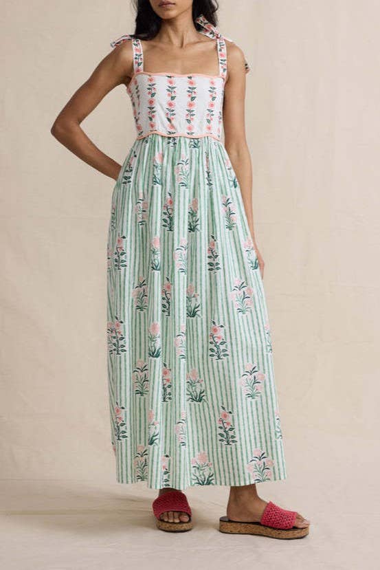 Rosa Clothing - 2025 Hanakotoba Floral flare swing dress w bow tie straps: Green / M