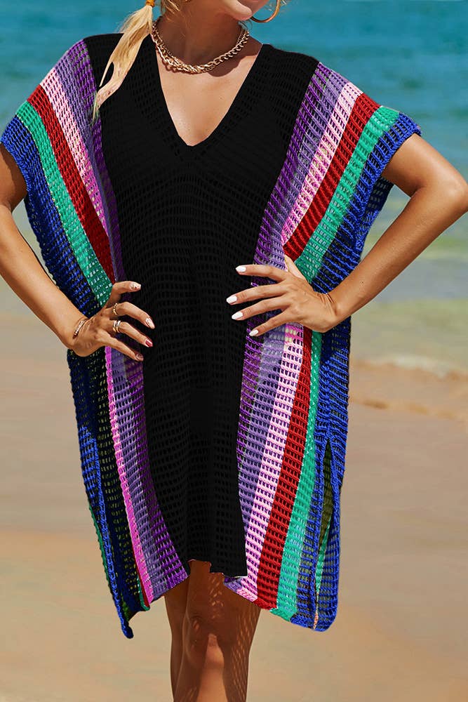 UNISHE - Rainbow Colorblock Splicing Beach Cover Up JYYS143: Pink / One Size