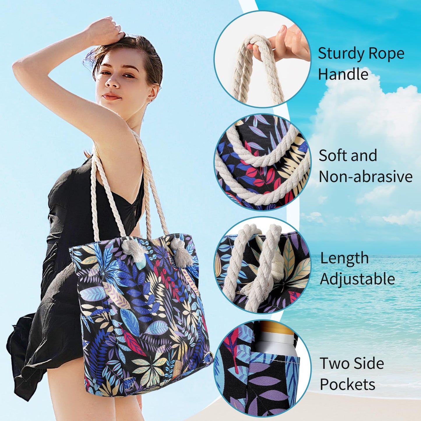 Beach Bags for Women - Large Beach Tote Bag, Women Sandproof Pool Bag for Pool Gym Grocery Travel