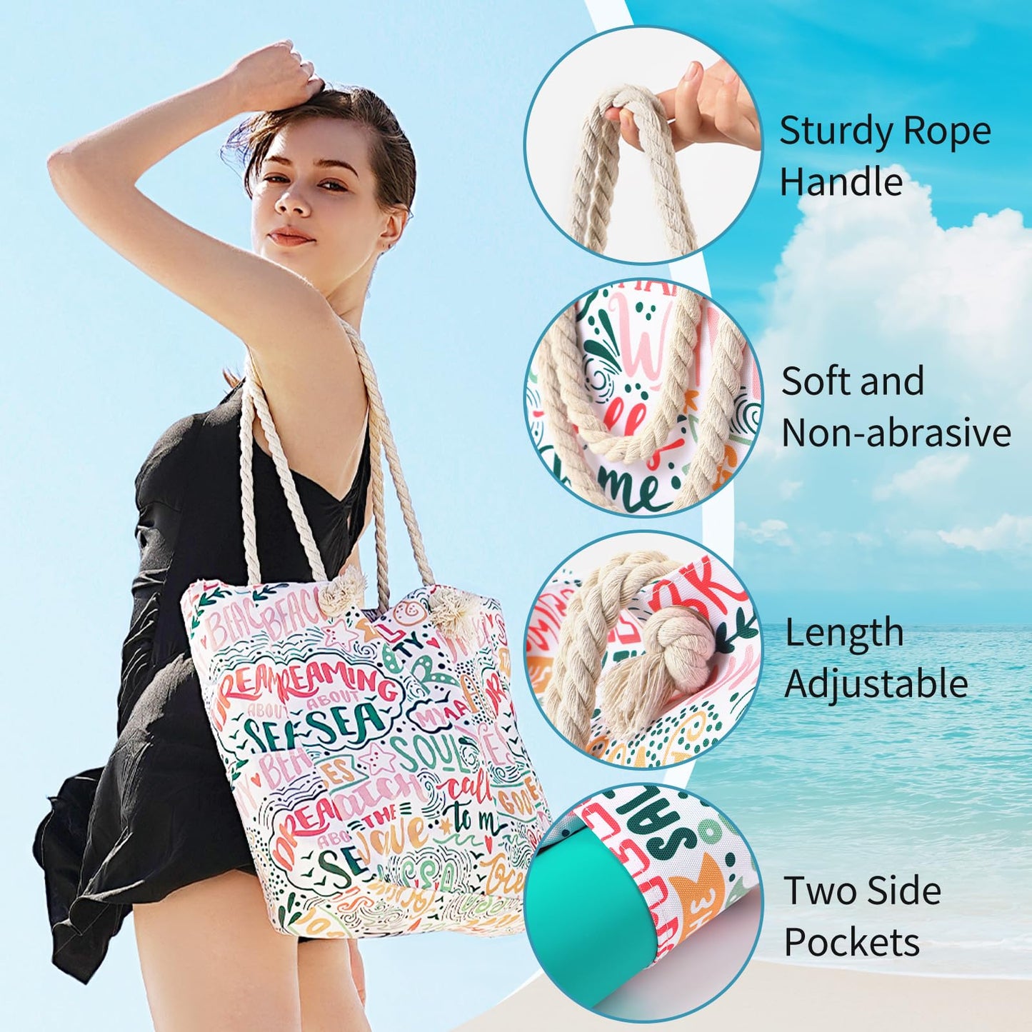 Beach Bags for Women - Large Beach Tote Bag, Women Sandproof Pool Bag for Pool Gym Grocery Travel