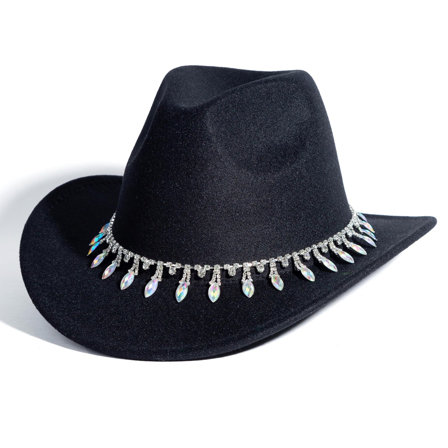 Women Rhinestone Cowboy Hat Wide Brim Felt Cowgirl Hats Shiny Party Wedding Hat