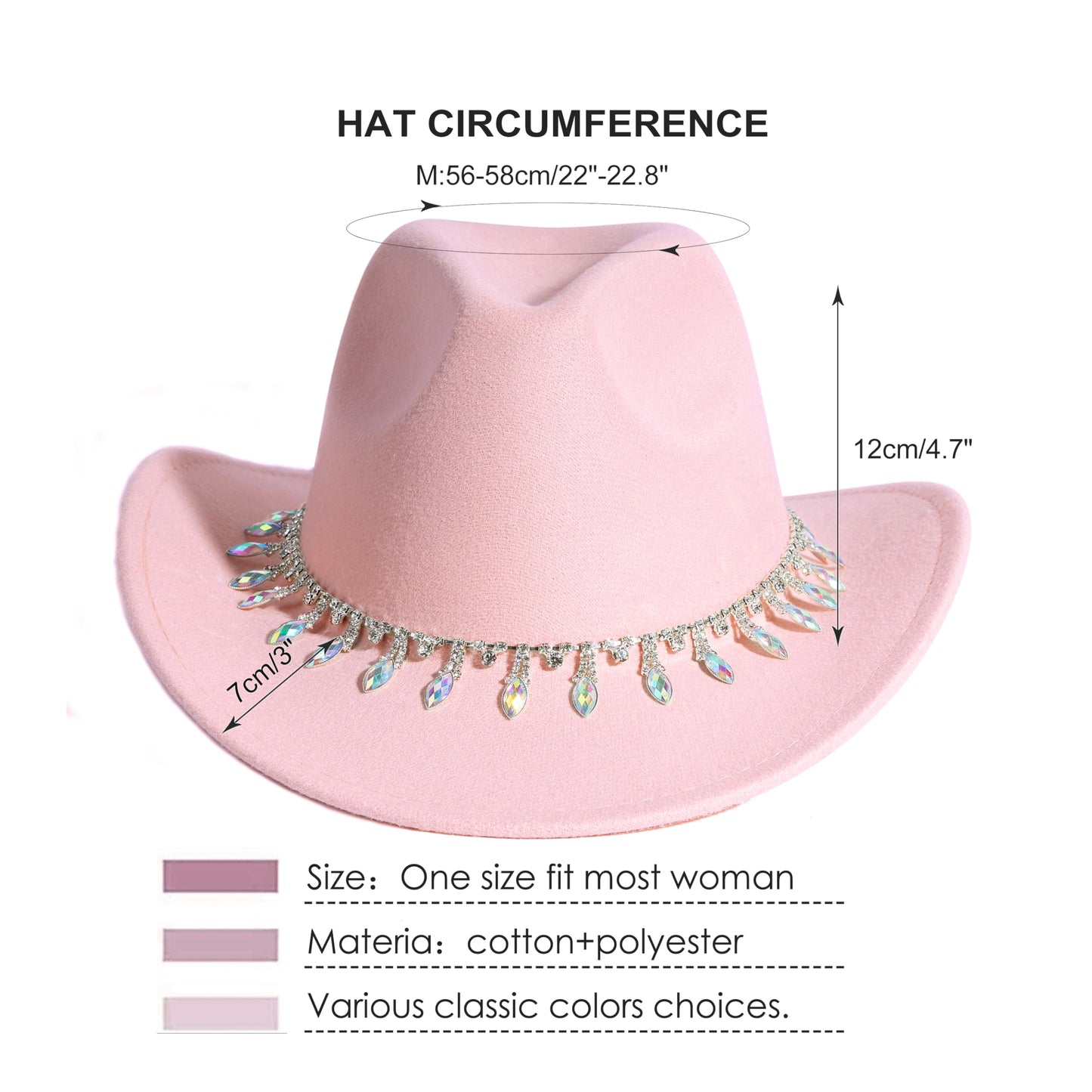 Women Rhinestone Cowboy Hat Wide Brim Felt Cowgirl Hats Shiny Party Wedding Hat