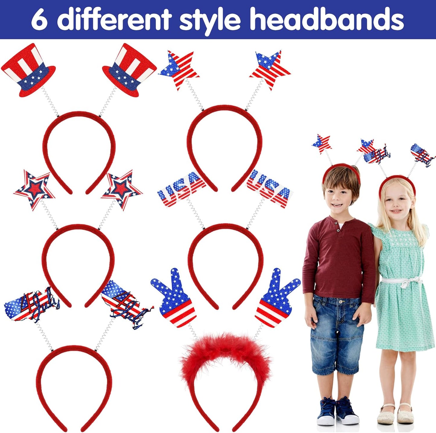 4th of July Accessories Patriotic Party Favors Supplies - 6 Headbands, 9 Necklaces, 20 Slap Bracelet and 20 Temporary Tattoos for Fourth of July Party Decorations, Independence Day, Memorial Day
