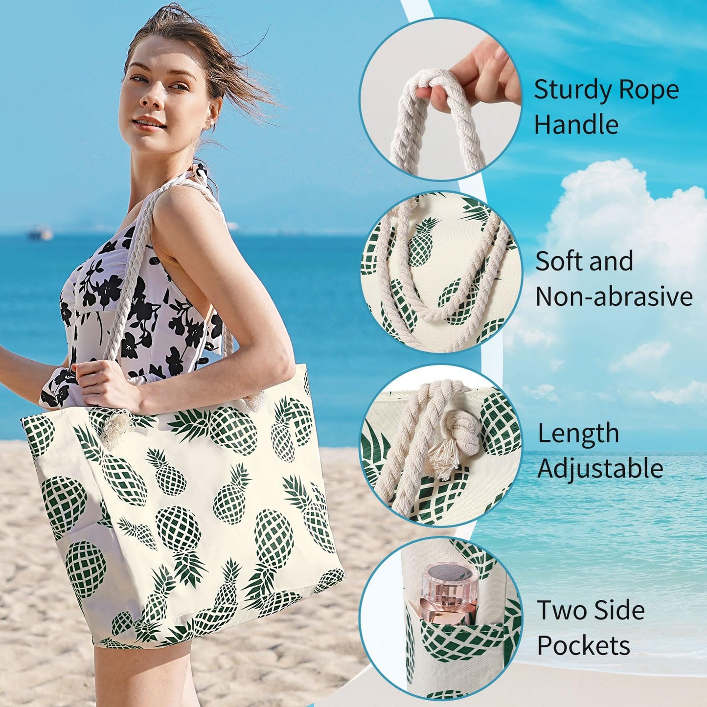 Beach Bags for Women - Large Beach Tote Bag, Women Sandproof Pool Bag for Pool Gym Grocery Travel