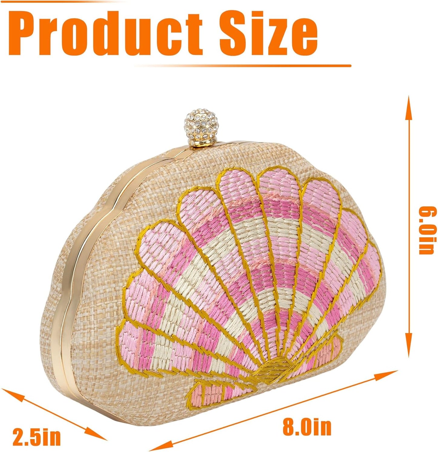 Women's Straw Woven Clutch Purse Embroider Shellsea Pattern Handbag