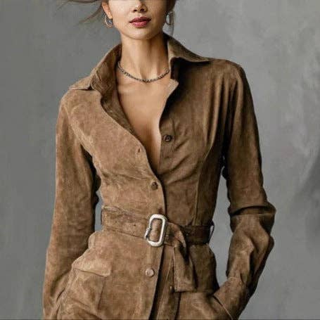 Suhkasana - Faux Suede Western Belted Mini Shirt Dress: Brown / S