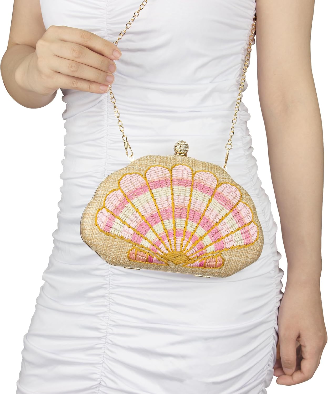 Women's Straw Woven Clutch Purse Embroider Shellsea Pattern Handbag