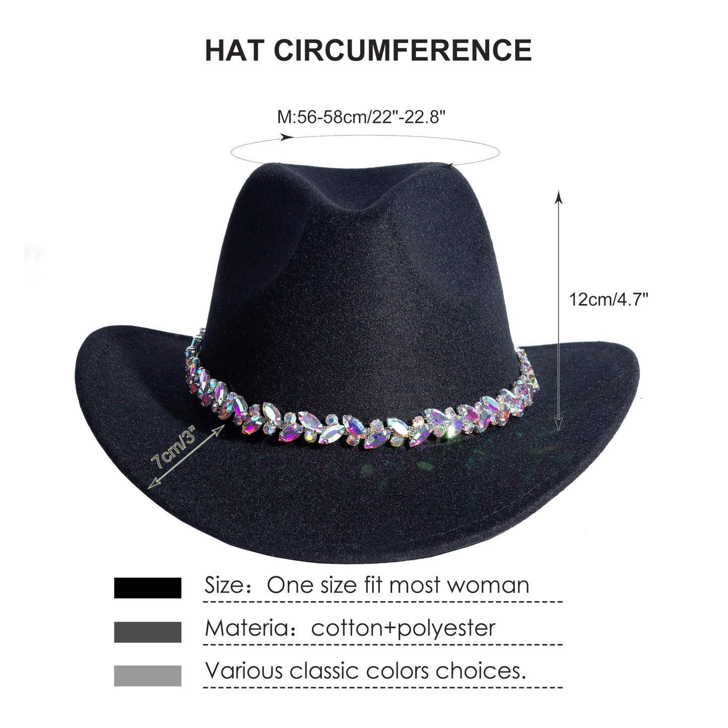Women Rhinestone Cowboy Hat Wide Brim Felt Cowgirl Hats Shiny Party Wedding Hat