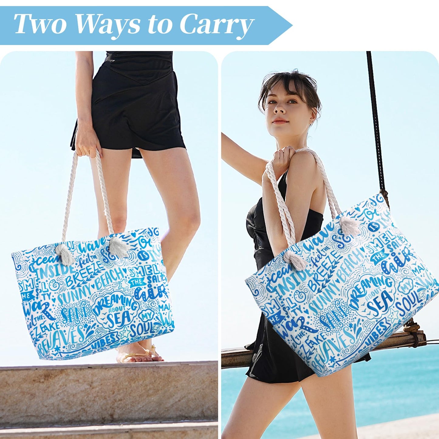 Beach Bags for Women - Large Beach Tote Bag, Women Sandproof Pool Bag for Pool Gym Grocery Travel