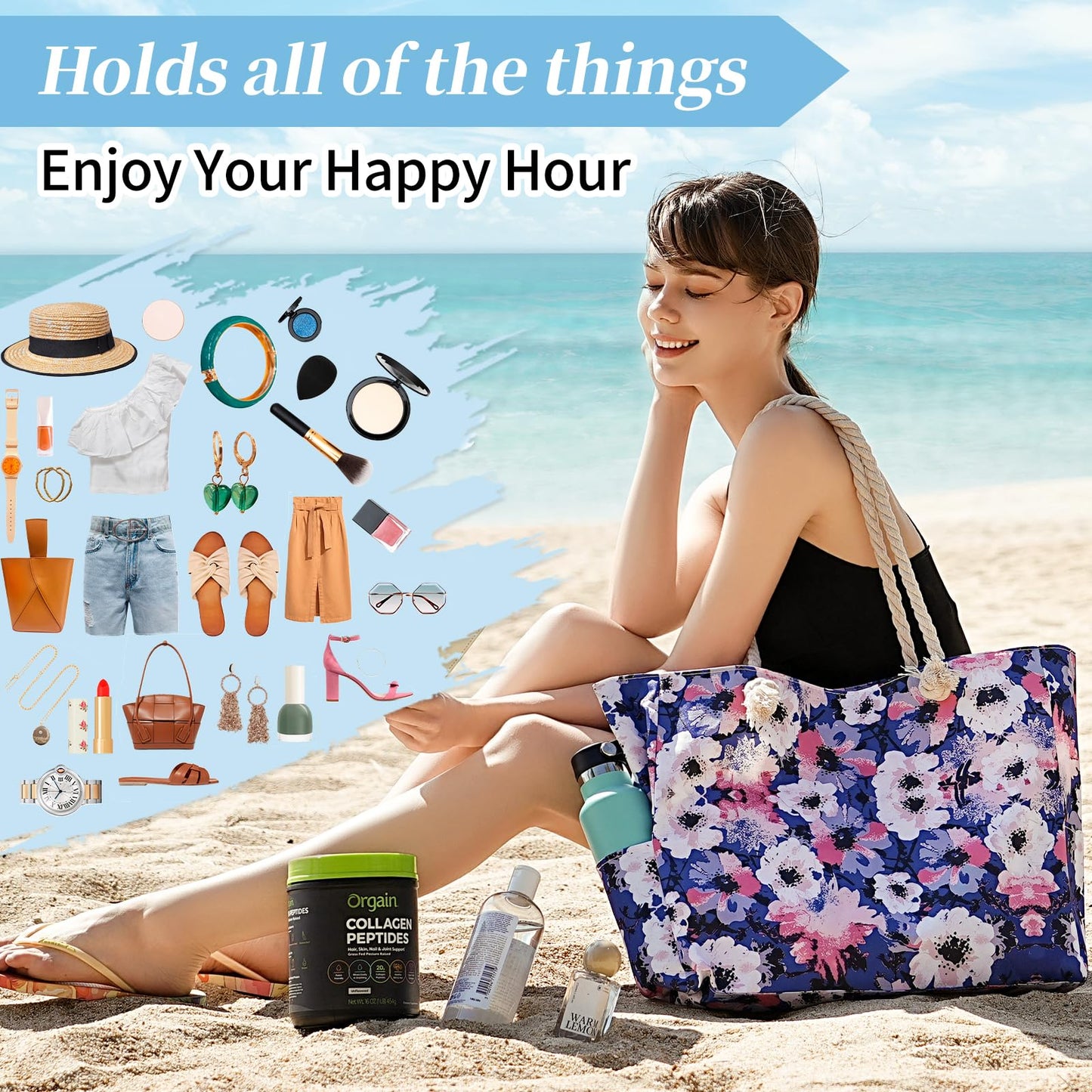 Beach Bags for Women - Large Beach Tote Bag, Women Sandproof Pool Bag for Pool Gym Grocery Travel