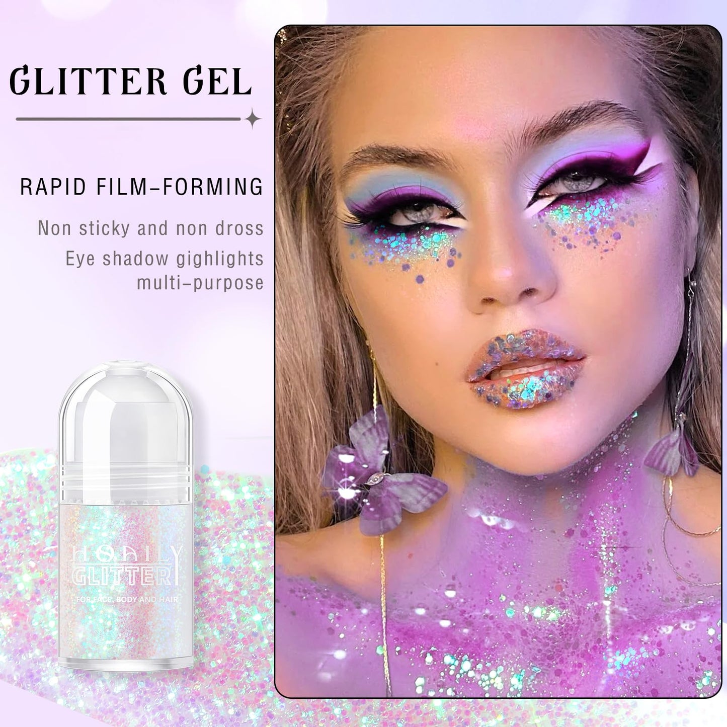 Roll-on Holographic Body Glitter Gel for Face Hair, Chameleon Color Changing Glitter Gel Under Light, Chunky Mermaid Sequins Festival Party Rave Accessories Shimmer Makeup (8# Sparkling Pink)
