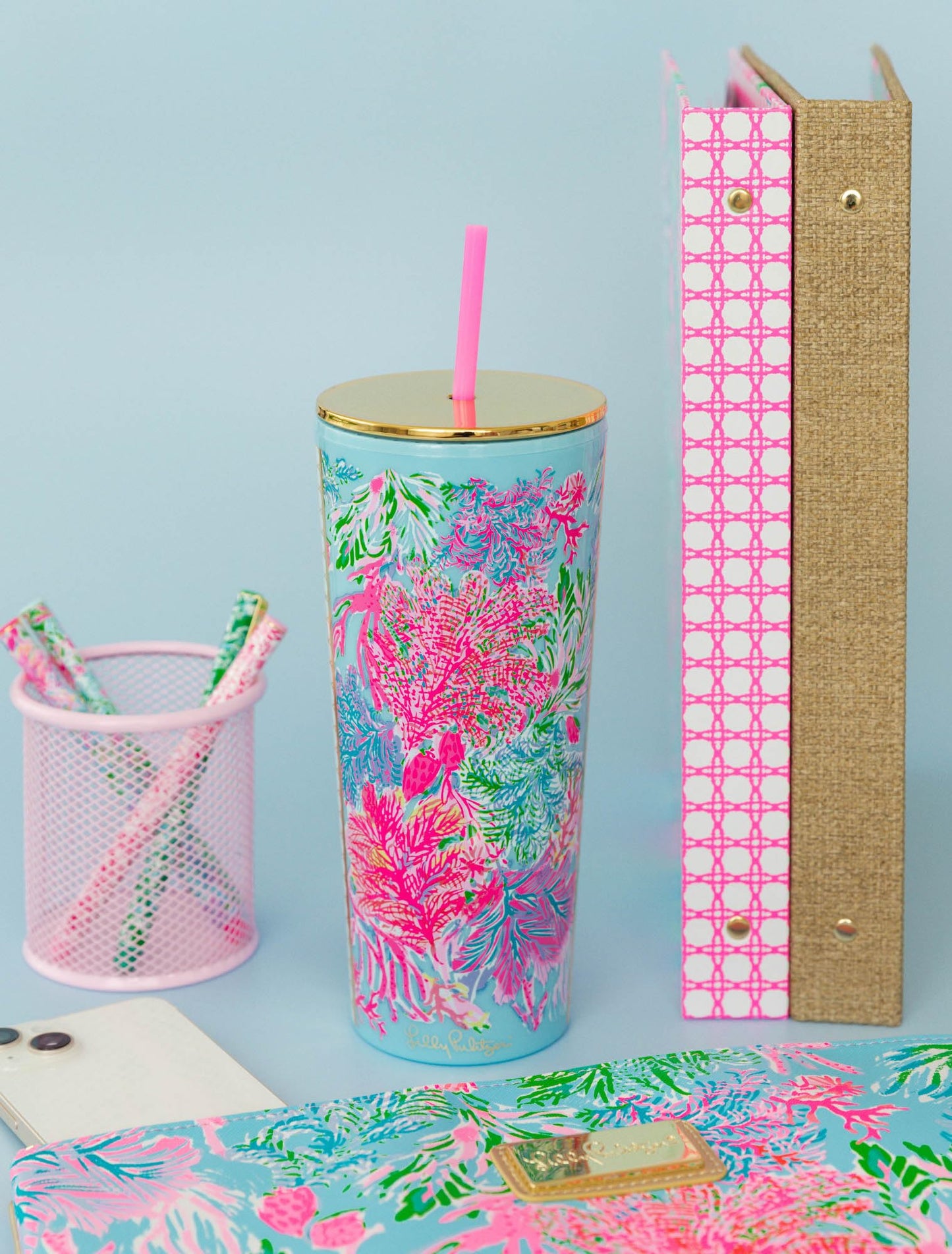 Lilly Pulitzer Double Wall Tumbler with Lid and Reusable Straw, Insulated Travel Cup Holds 24 Ounces, Soleil It On Me