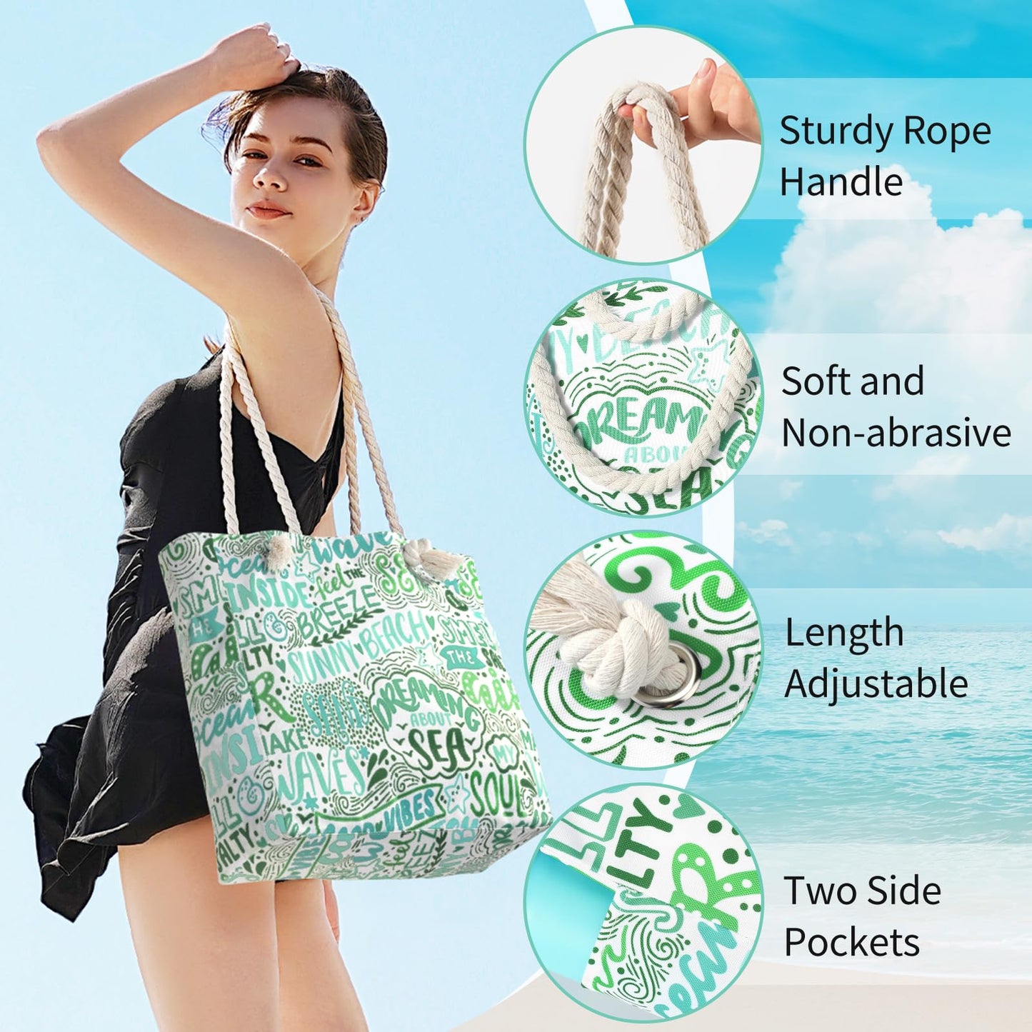 Beach Bags for Women - Large Beach Tote Bag, Women Sandproof Pool Bag for Pool Gym Grocery Travel