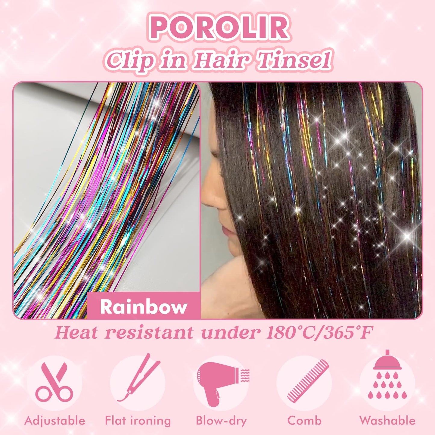 Clip in Hair Tinsel, POROLIR 6Pcs Glitter Fairy Tinsel Hair Extensions 20 Inch Shiny Hair Tinsel Heat Resistant, Sparkly Strands Hair Accessories, Festival Gift for Women Girls Kids (Silver)