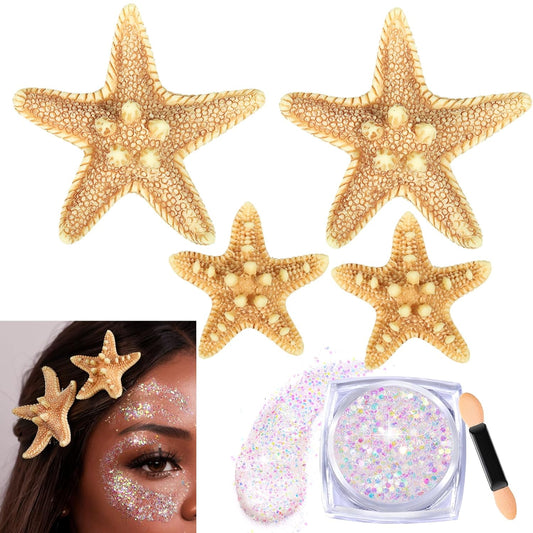 YGDZ Starfish Hair Clip, 4PCS Starfish Hair Clips Mermaid Hair Accessories, 1PCS Face Body Glitter, Mermaid Costume Women, Seashell Hair Clip, Mermaid Outfit for Women, Girls