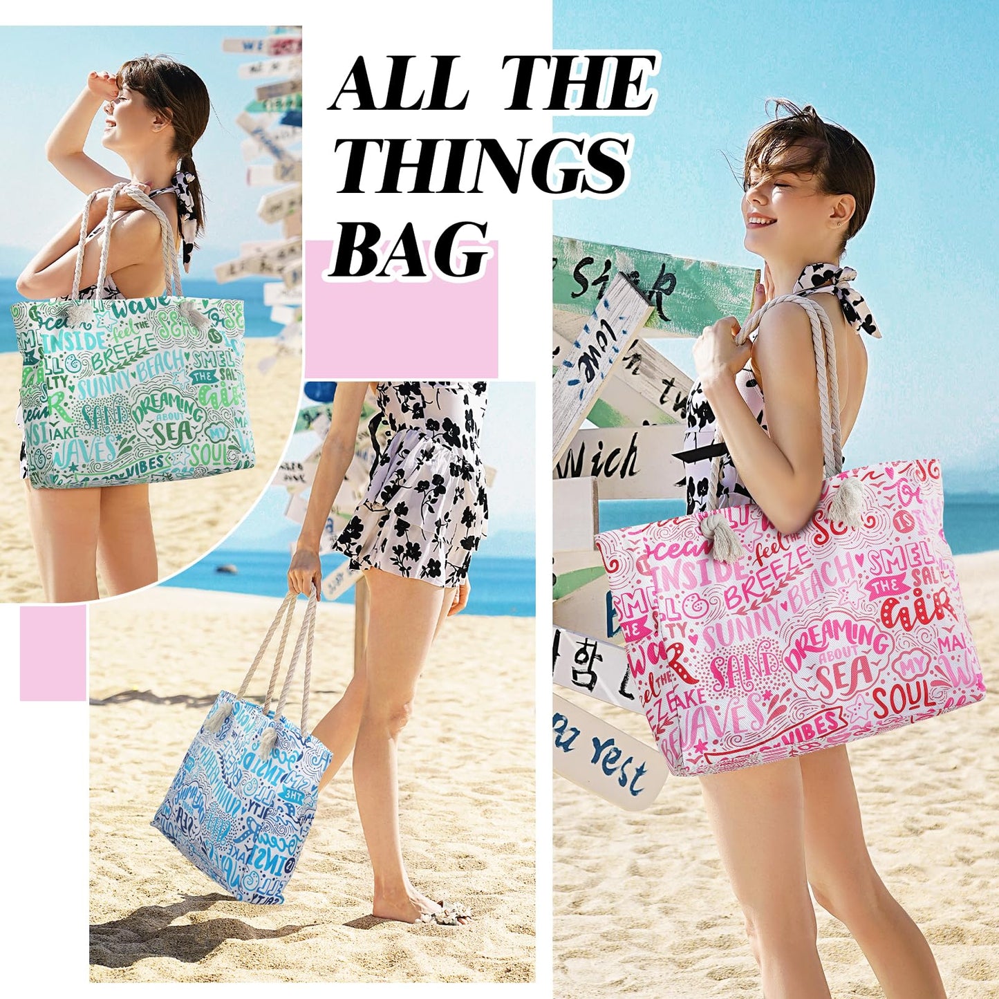 Beach Bags for Women - Large Beach Tote Bag, Women Sandproof Pool Bag for Pool Gym Grocery Travel