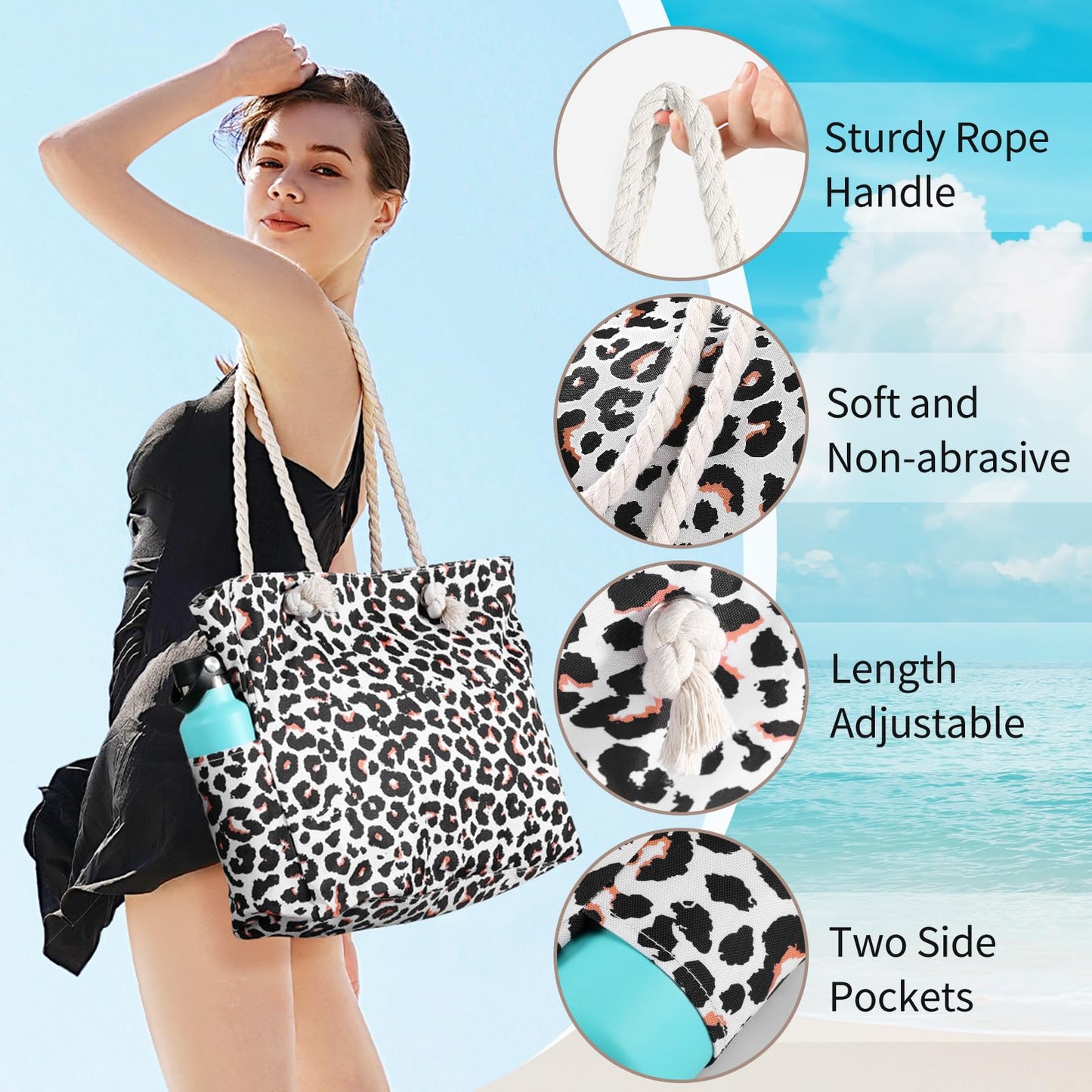 Beach Bags for Women - Large Beach Tote Bag, Women Sandproof Pool Bag for Pool Gym Grocery Travel