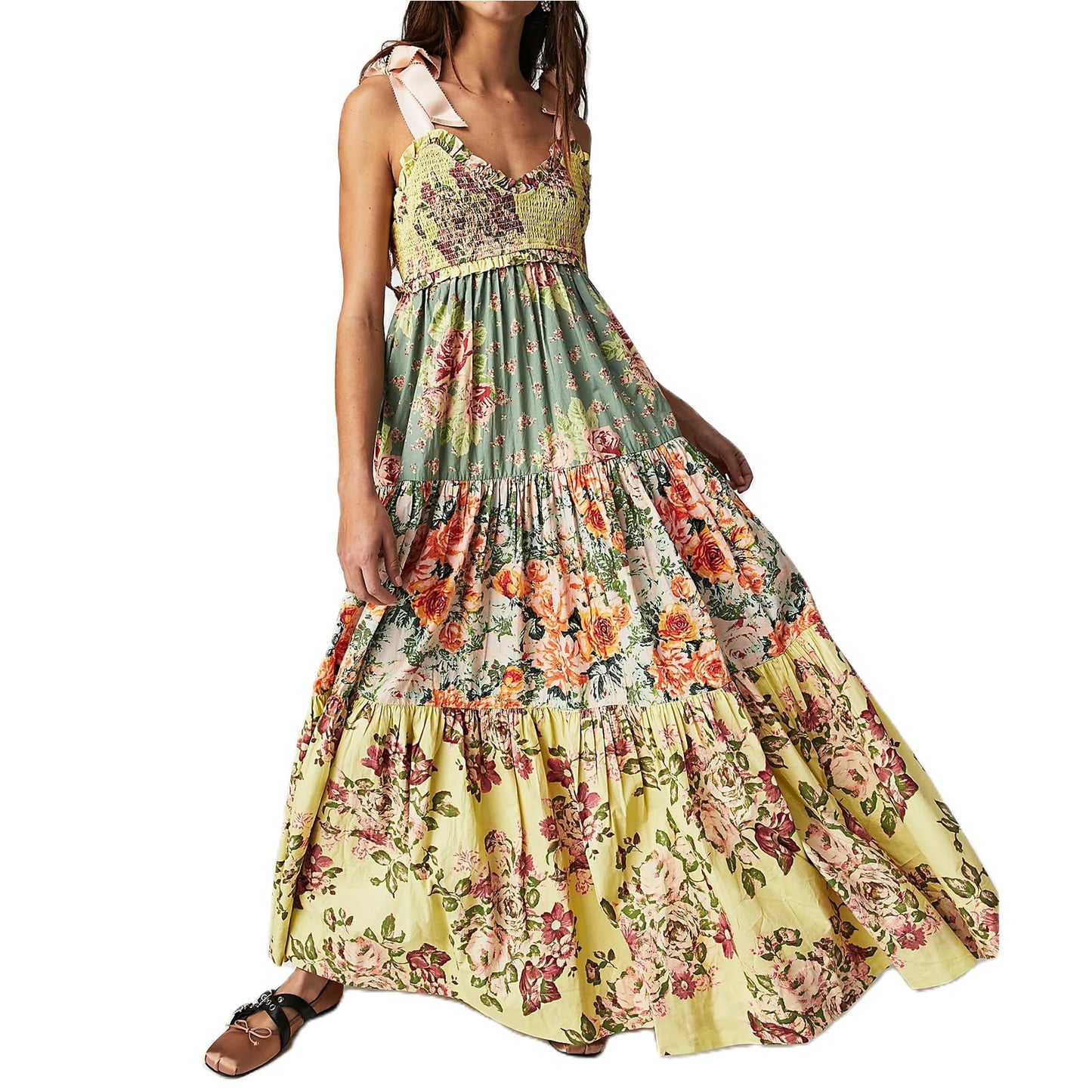 Women Summer Dresses Flowy Smocked Maxi Dress Sleeveless Tie Shoulder Boho Dresses Y2K Floral Beach Sundresses