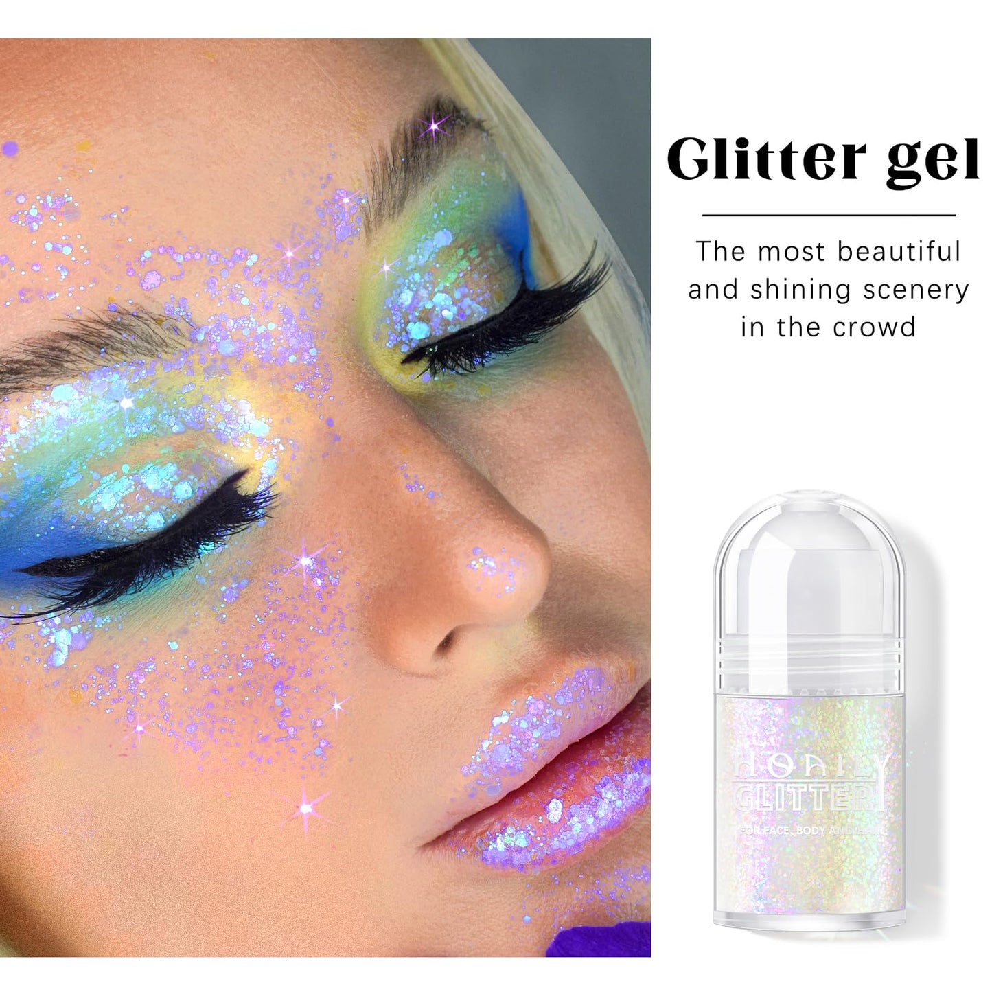 Roll-on Holographic Body Glitter Gel for Face Hair, Chameleon Color Changing Glitter Gel Under Light, Chunky Mermaid Sequins Festival Party Rave Accessories Shimmer Makeup (8# Sparkling Pink)