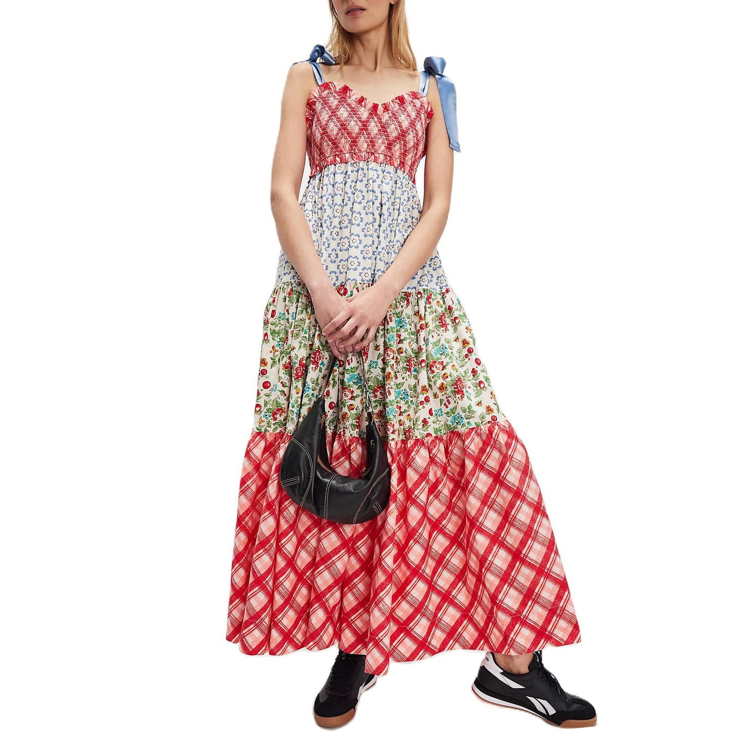 Women Summer Dresses Flowy Smocked Maxi Dress Sleeveless Tie Shoulder Boho Dresses Y2K Floral Beach Sundresses