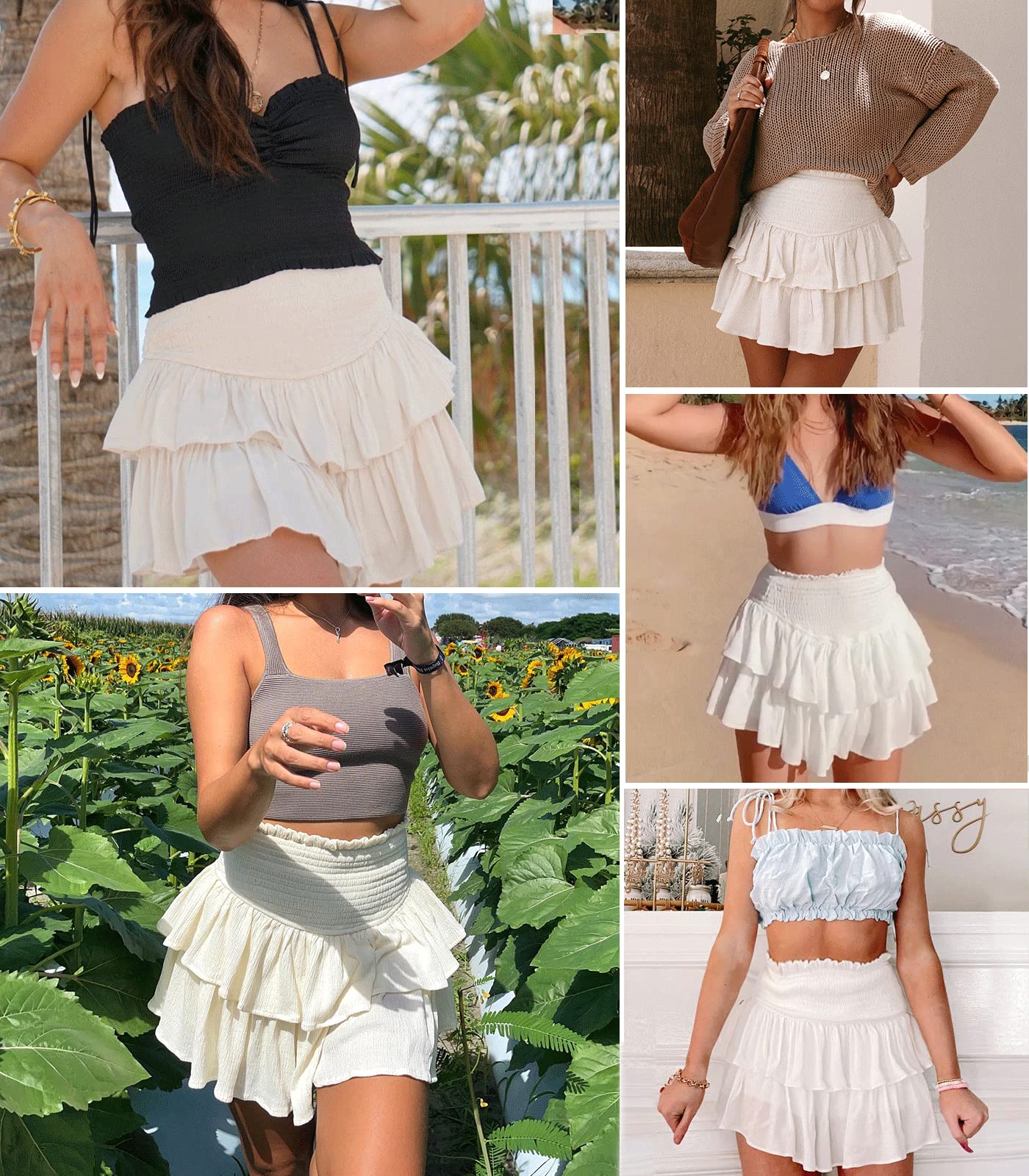 Women's Cute High Waist Ruffle Mini Skirt Layered Ruffle Hem Flared Flowy Casual Swing Beach Mini Short Skirt