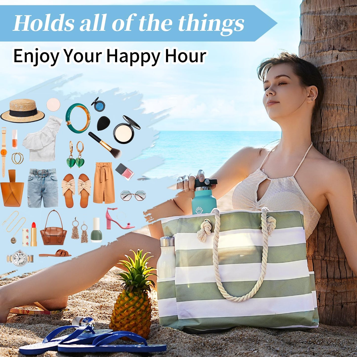 Beach Bags for Women - Large Beach Tote Bag, Women Sandproof Pool Bag for Pool Gym Grocery Travel