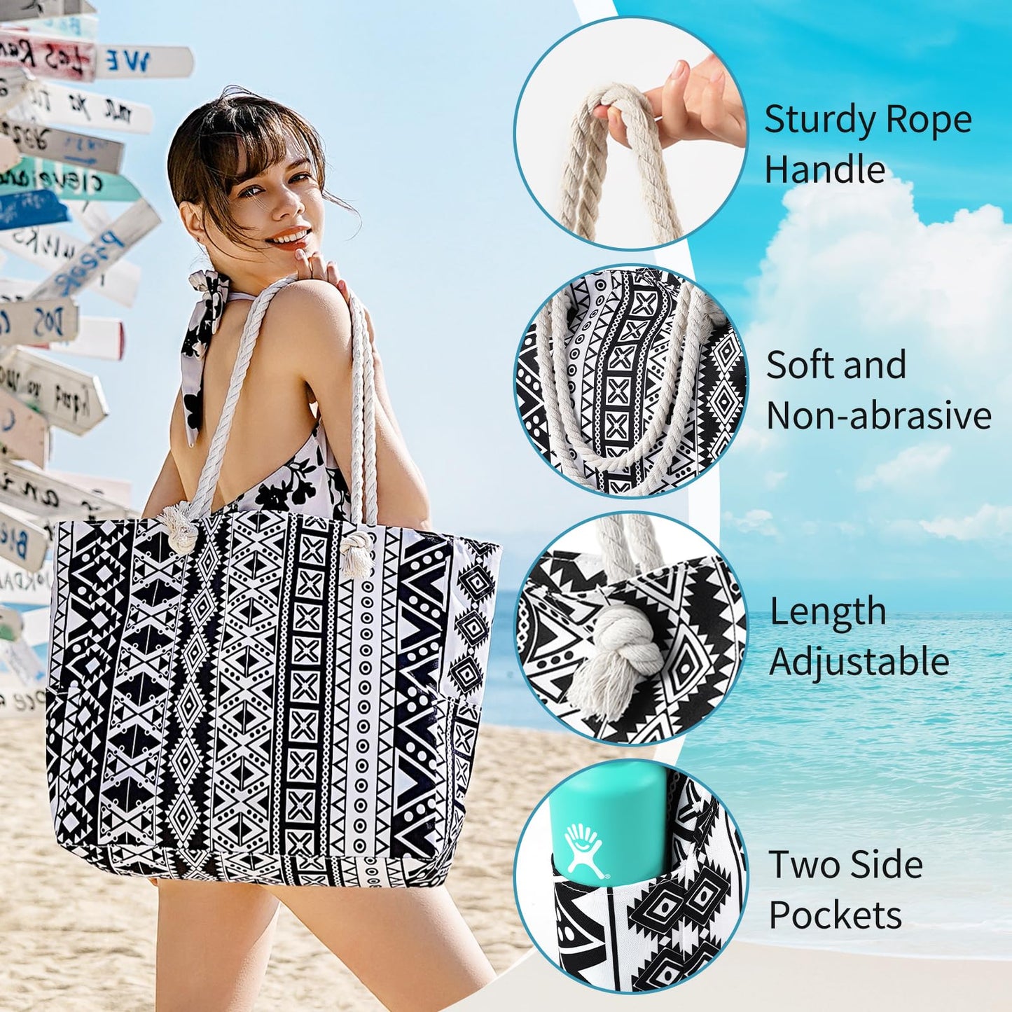 Beach Bags for Women - Large Beach Tote Bag, Women Sandproof Pool Bag for Pool Gym Grocery Travel