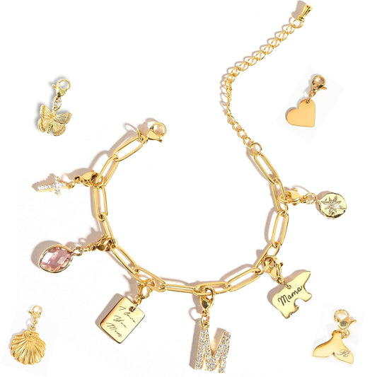 Personalized Engraved Gold Charm Bracelet for Mom, Mothers Day Gifts for Women, Gift for Grandma, Unique Birthdays Teen Girls, Anniversaries, Graduation, Handmade Jewelry for Her - P-CHARM-MIX-BR