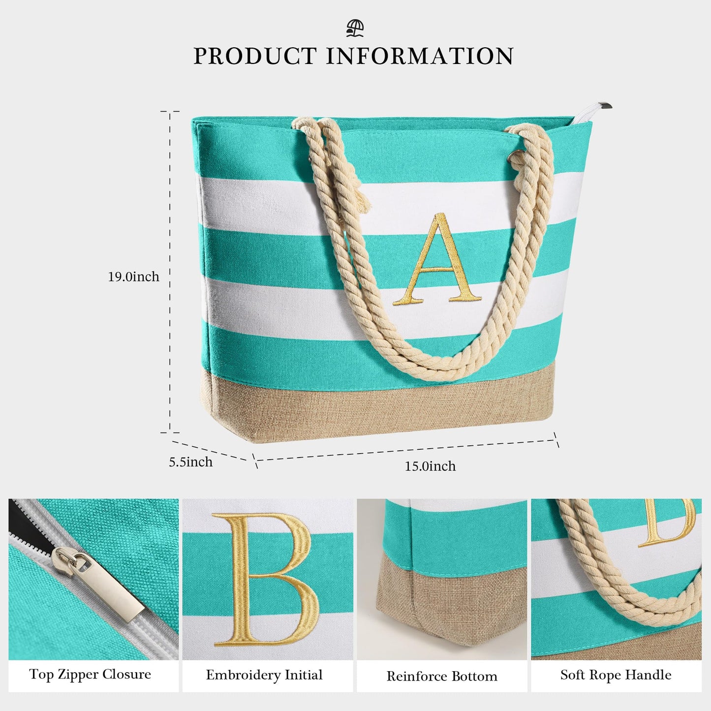 YOOLIFE Initial Canvas Waterproof Beach Tote Bag Zipper Personalized Gifts for Women Her Birthday Travel Beach Essential